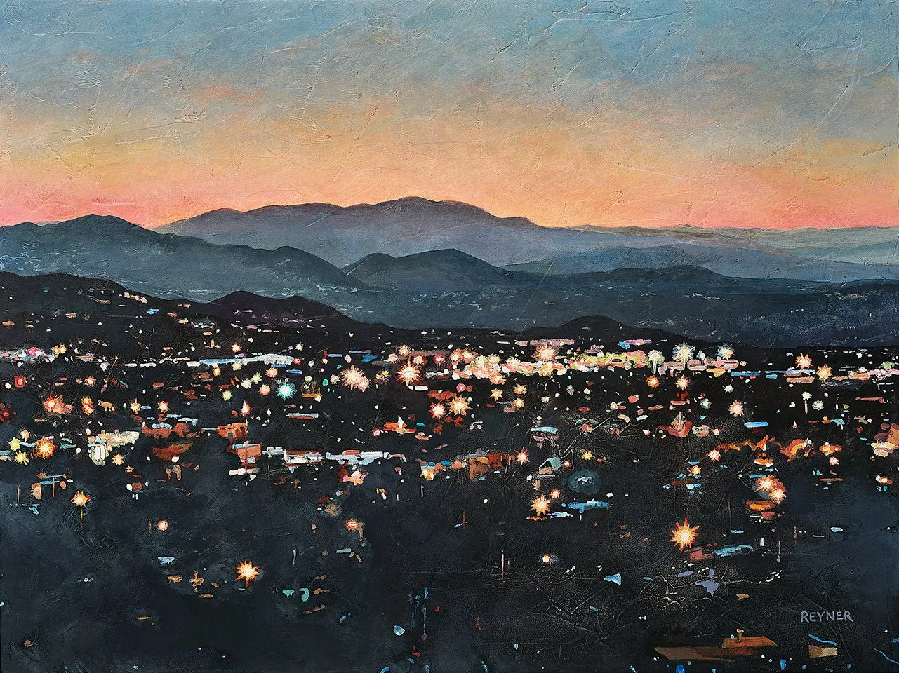acrylic painting of Santa Fe at Night Nancy Reyner